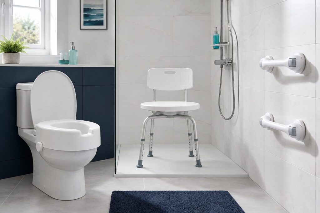 Raised toilet seat, height-adjustable shower stool and suction grab rails in a bathroom
