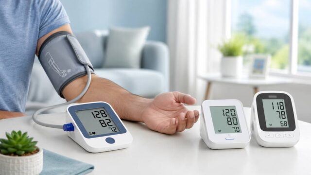 Home blood pressure monitors being compared during an upper-arm blood pressure reading