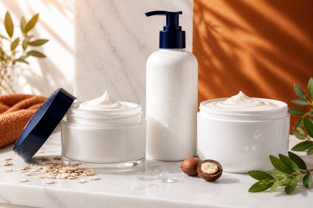 Body moisturiser tubs and pump bottle with oats and shea nut on marble