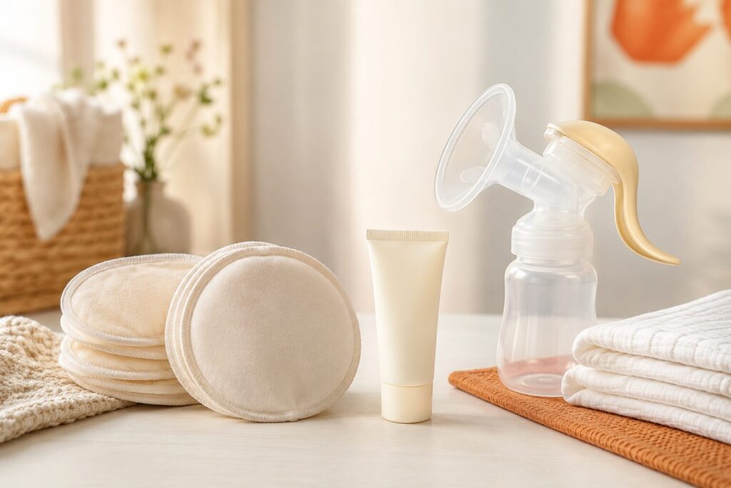 Breast pads, nipple balm and a manual breast pump