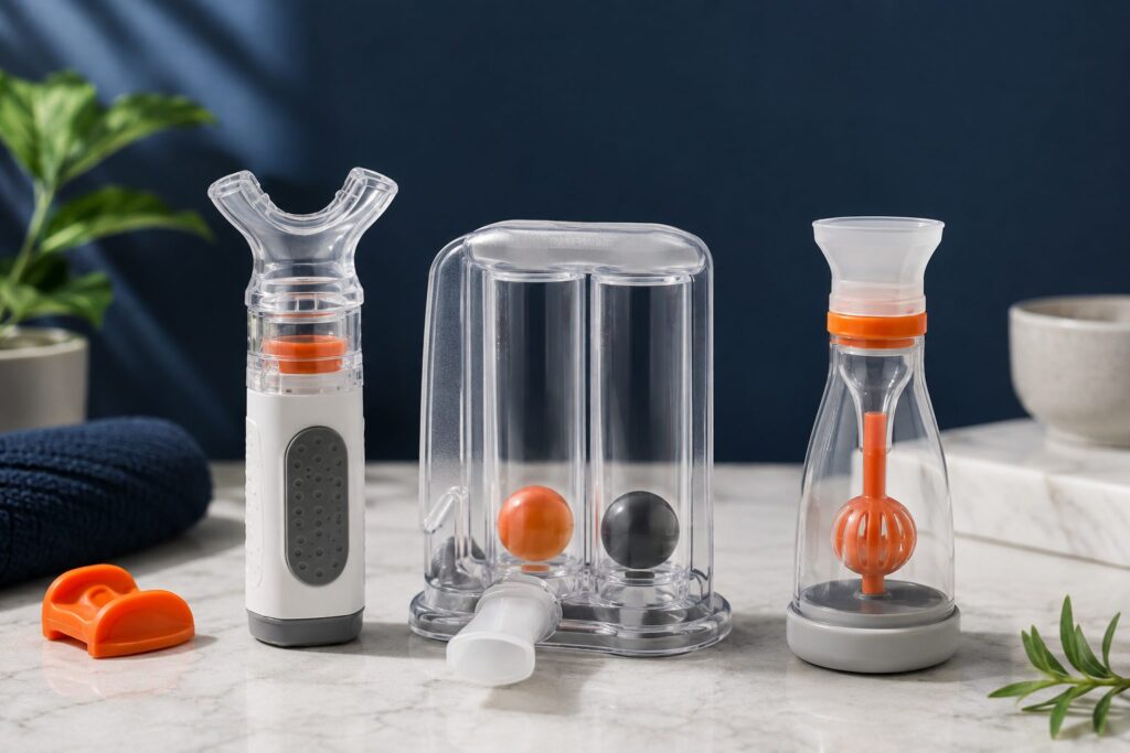 Breathing trainers including a two-ball incentive spirometer and handheld lung exercisers