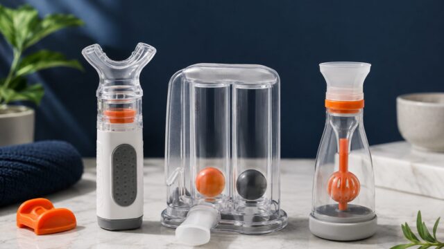 Breathing trainers including a two-ball incentive spirometer and handheld lung exercisers