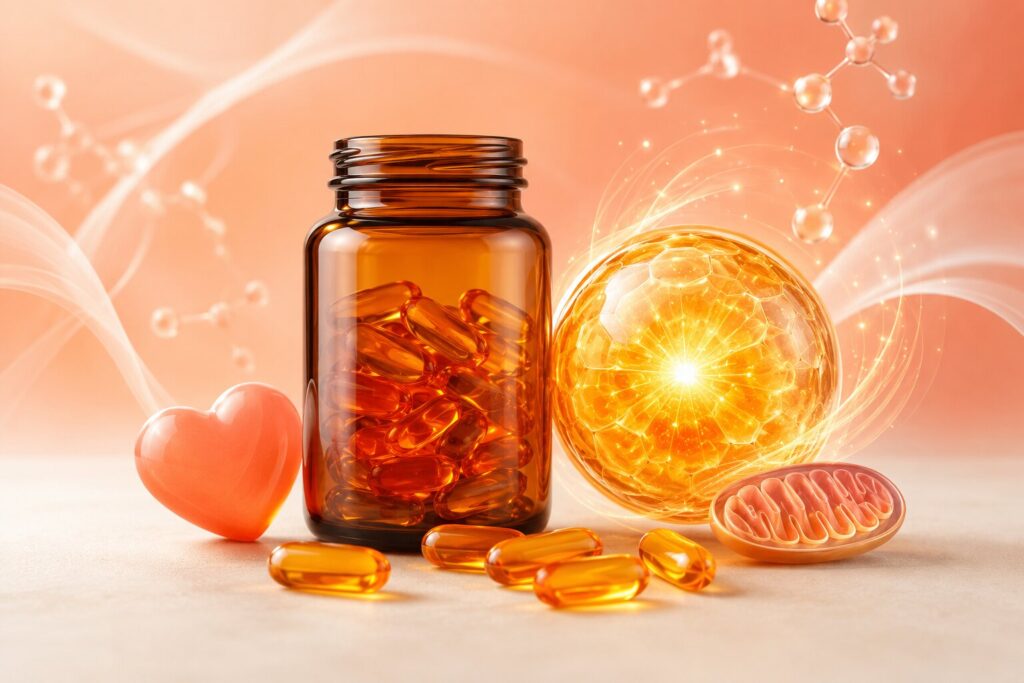 CoQ10 supplement capsules with abstract cellular energy forms in warm orange tones