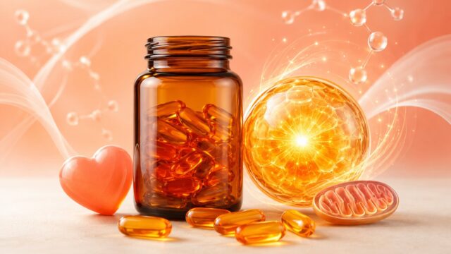 CoQ10 supplement capsules with abstract cellular energy forms in warm orange tones