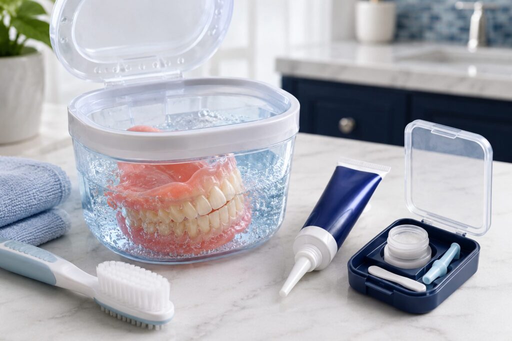 Dentures soaking in a cleaning case beside denture adhesive, brush and travel kit