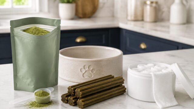 Dog dental powder, chew sticks and dental wipes beside a paw-print bowl