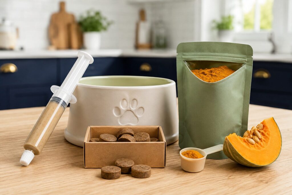 Dog digestive paste, chews and pumpkin powder beside a paw-print feeding bowl