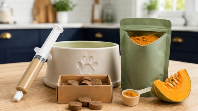 Dog digestive paste, chews and pumpkin powder beside a paw-print feeding bowl