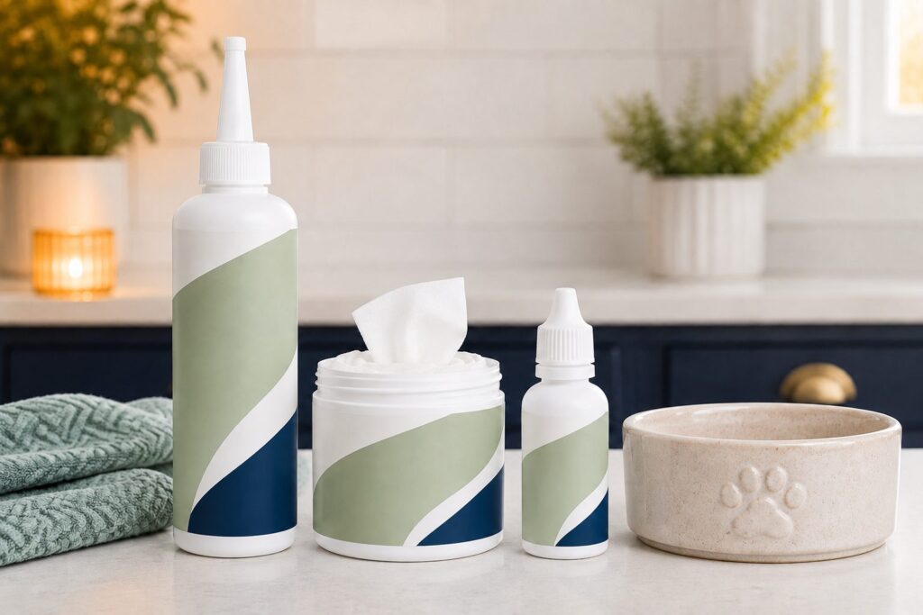 Dog ear cleaning solution, ear wipes and dropper bottle on a kitchen worktop