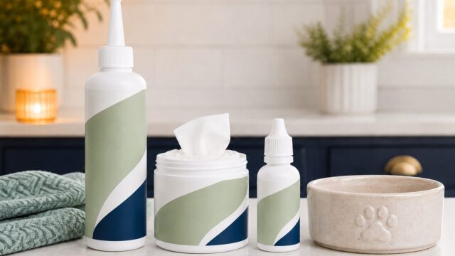 Dog ear cleaning solution, ear wipes and dropper bottle on a kitchen worktop
