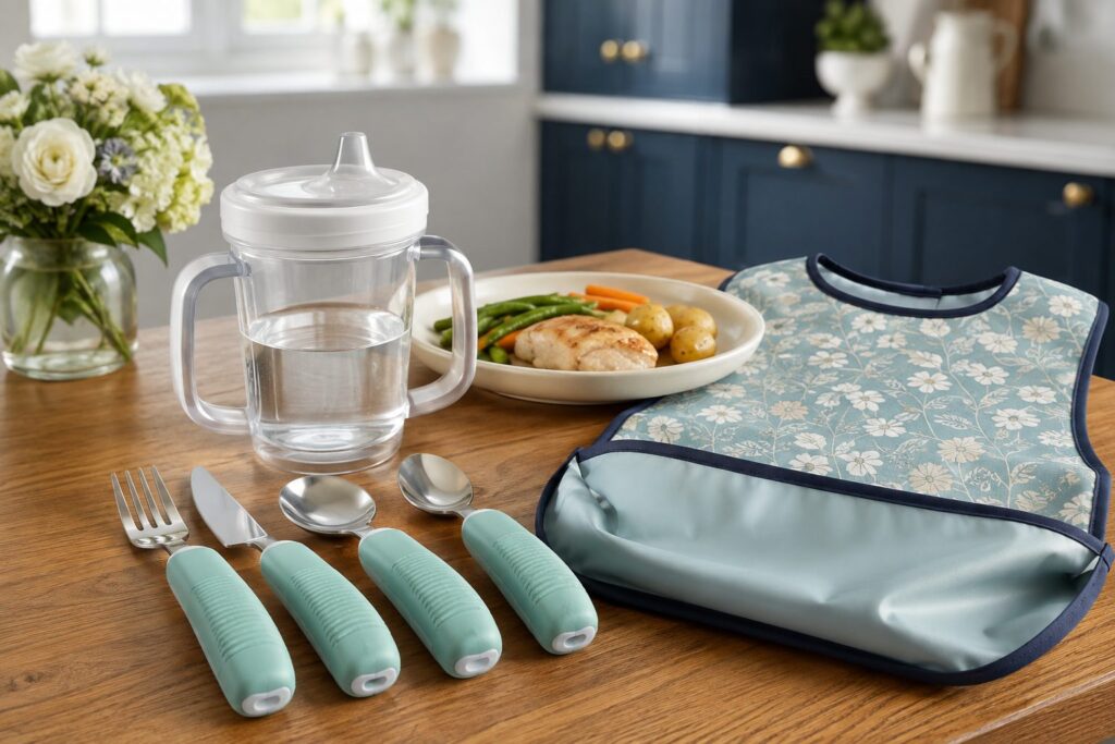 Two-handled beaker, easy-grip cutlery and a waterproof bib on a kitchen table