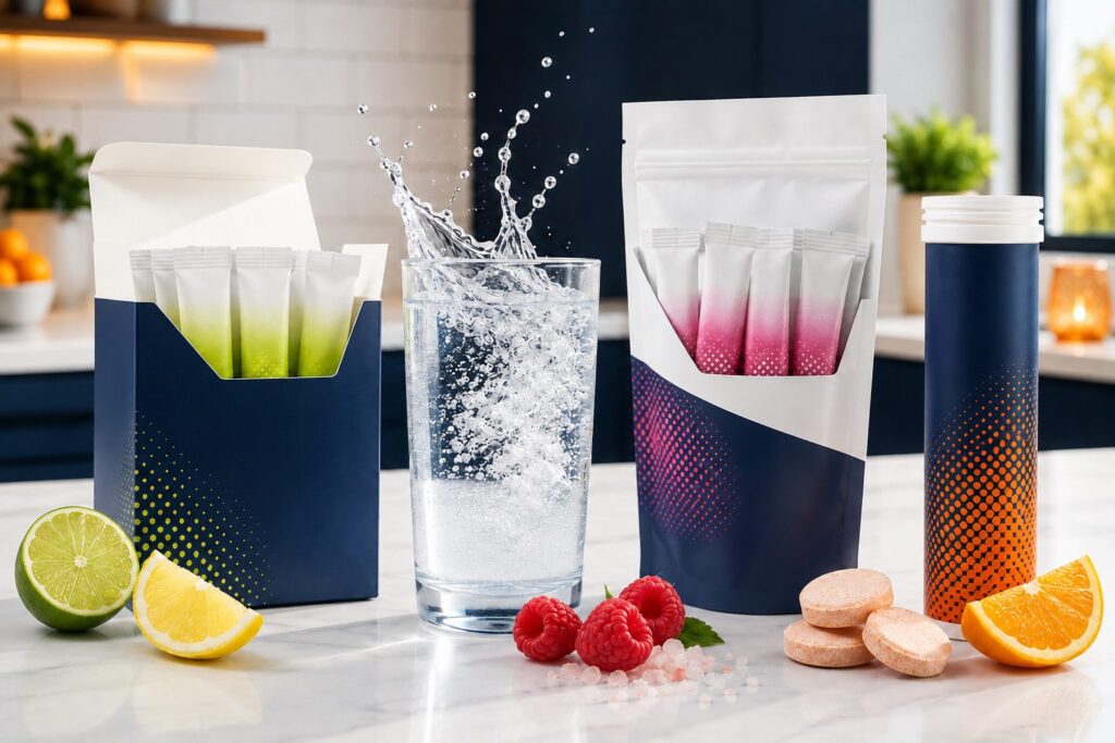 Electrolyte stick sachets and effervescent tablets beside a glass of water and fresh fruit