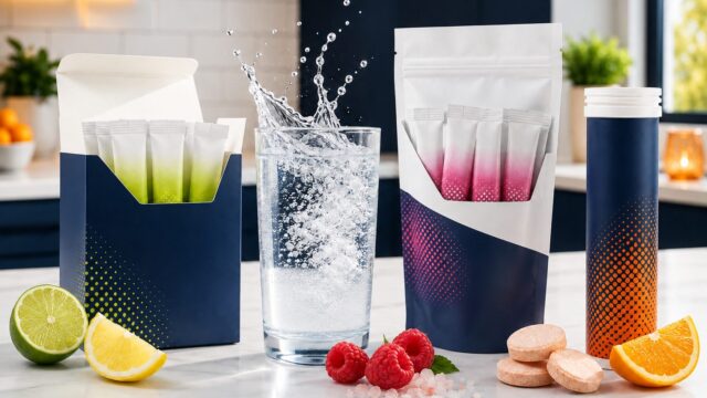 Electrolyte stick sachets and effervescent tablets beside a glass of water and fresh fruit