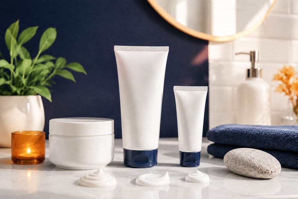 Foot cream tubes and tub with a pumice stone on a bathroom counter