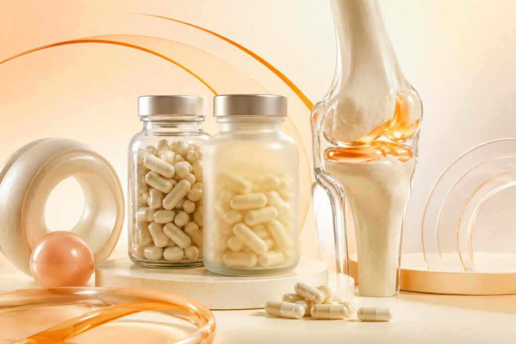 Glucosamine supplement capsules with an abstract knee joint model and orange accents
