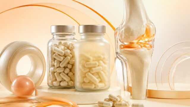 Glucosamine supplement capsules with an abstract knee joint model and orange accents