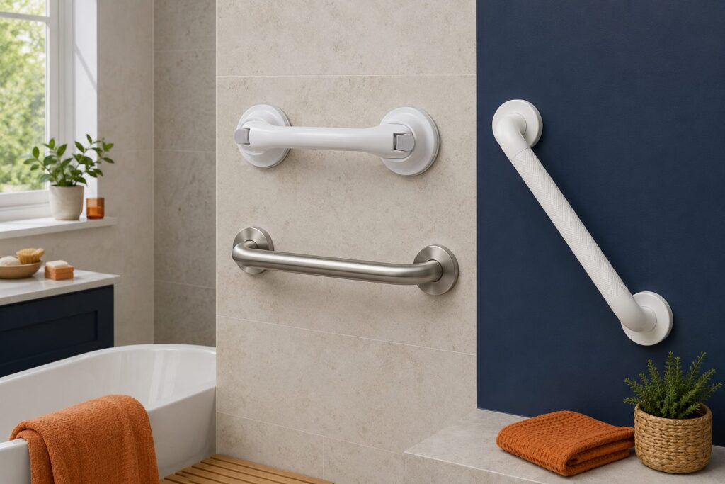 White and brushed steel grab rails mounted on bathroom walls beside a bath
