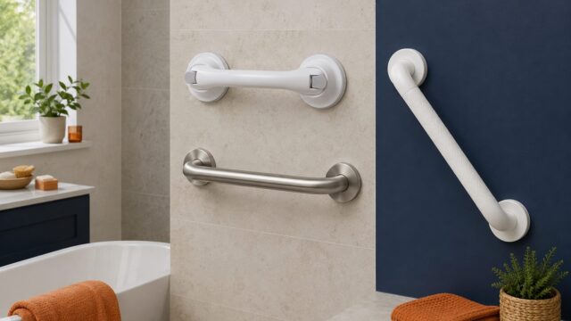 White and brushed steel grab rails mounted on bathroom walls beside a bath