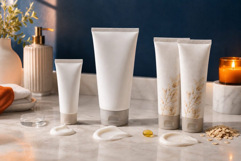 Four hand cream tubes with cream swatches and oats on a marble surface
