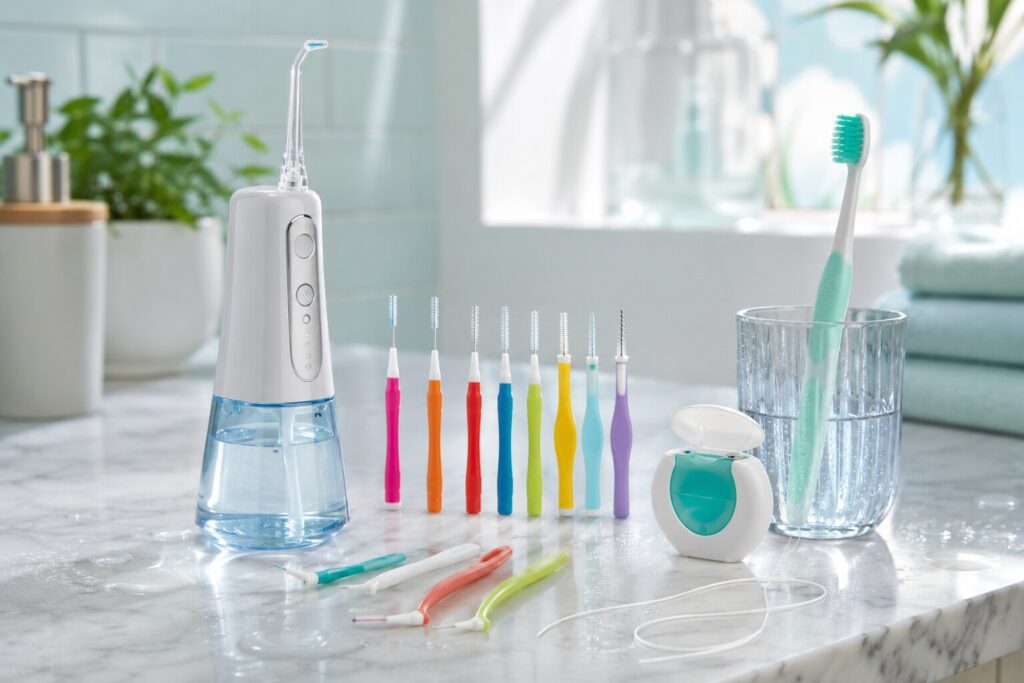 Selection of interdental brushes, water flosser and dental floss on a clean bathroom vanity