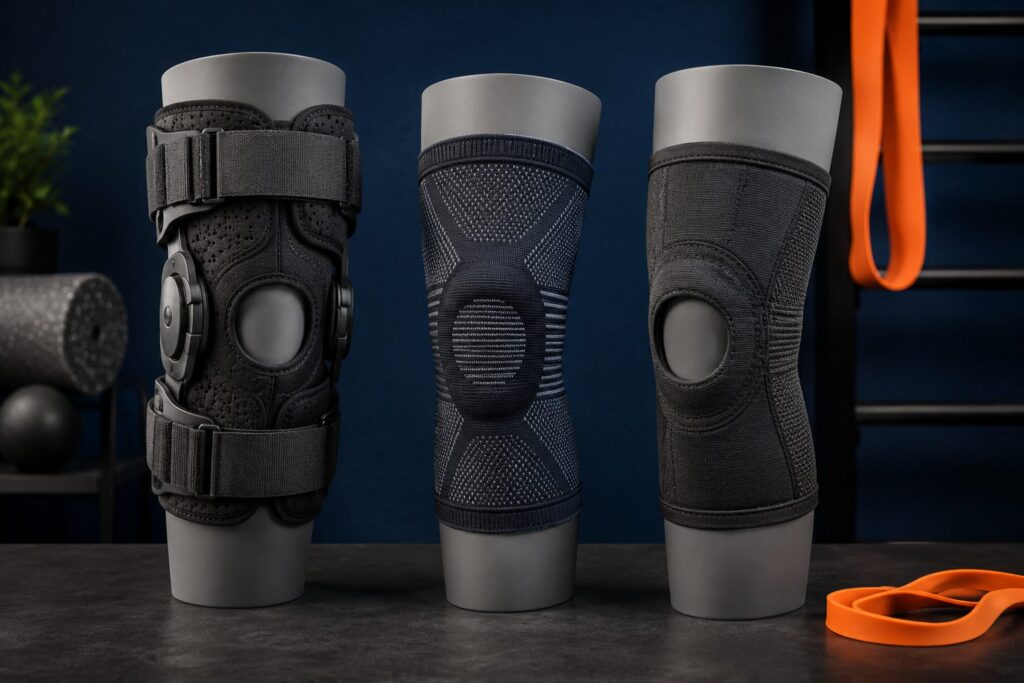 Hinged, compression and open-patella knee supports displayed on mannequin legs