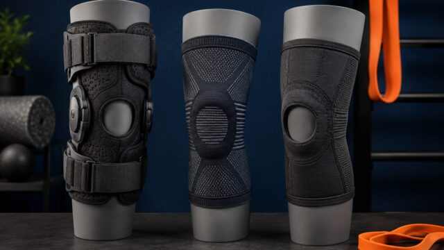 Hinged, compression and open-patella knee supports displayed on mannequin legs