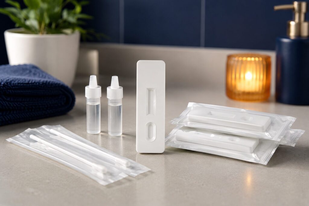Lateral flow test cassette, swabs, buffer vials and sealed foil test packets