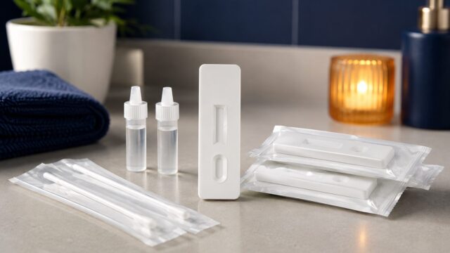 Lateral flow test cassette, swabs, buffer vials and sealed foil test packets