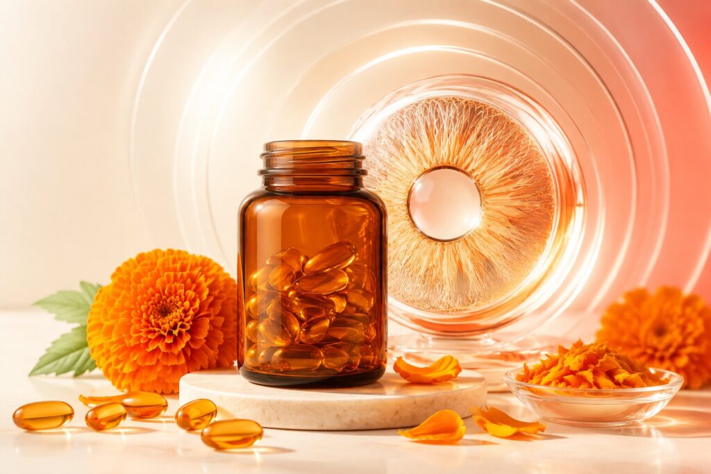 Lutein supplement capsules with marigold flowers and an abstract eye lens in orange tones