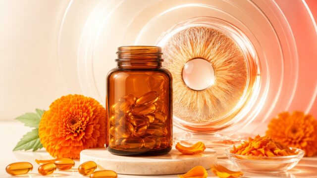 Lutein supplement capsules with marigold flowers and an abstract eye lens in orange tones