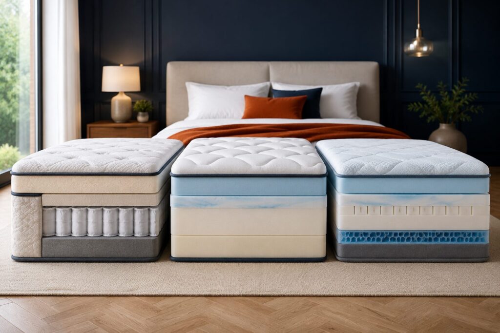 Three mattress cross-sections showing pocket spring, memory foam and hybrid layers
