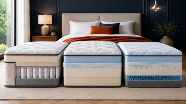 Three mattress cross-sections showing pocket spring, memory foam and hybrid layers