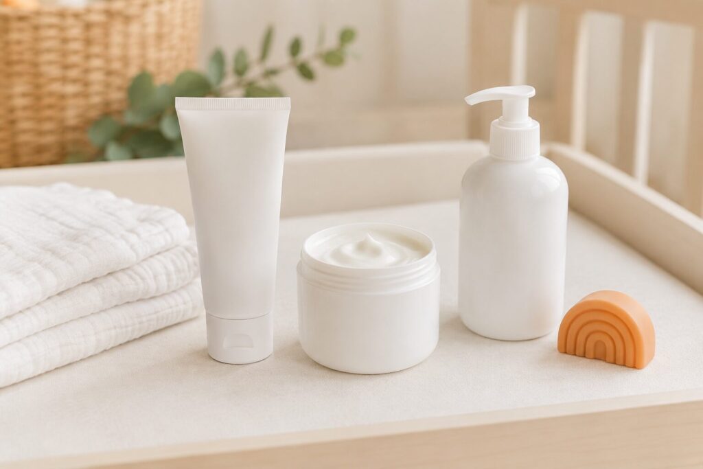 Unbranded nappy cream formats on a clean nursery surface