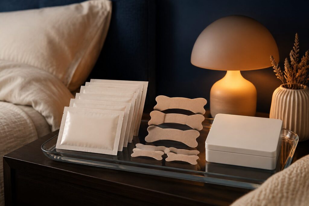 Nasal strips and sealed sachets on a bedside table beside a warm lamp