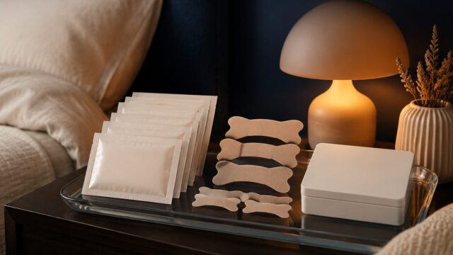 Nasal strips and sealed sachets on a bedside table beside a warm lamp
