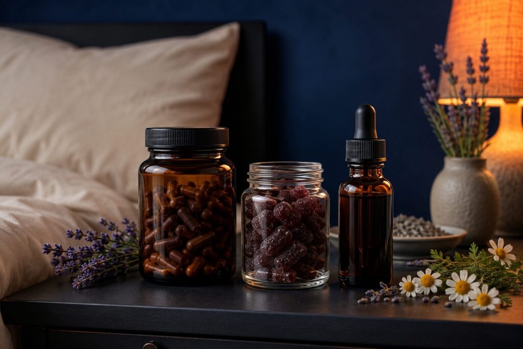 Sleep supplement capsules, gummies and a dropper bottle on a bedside table with lavender