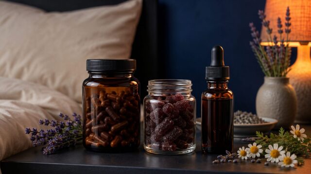 Sleep supplement capsules, gummies and a dropper bottle on a bedside table with lavender