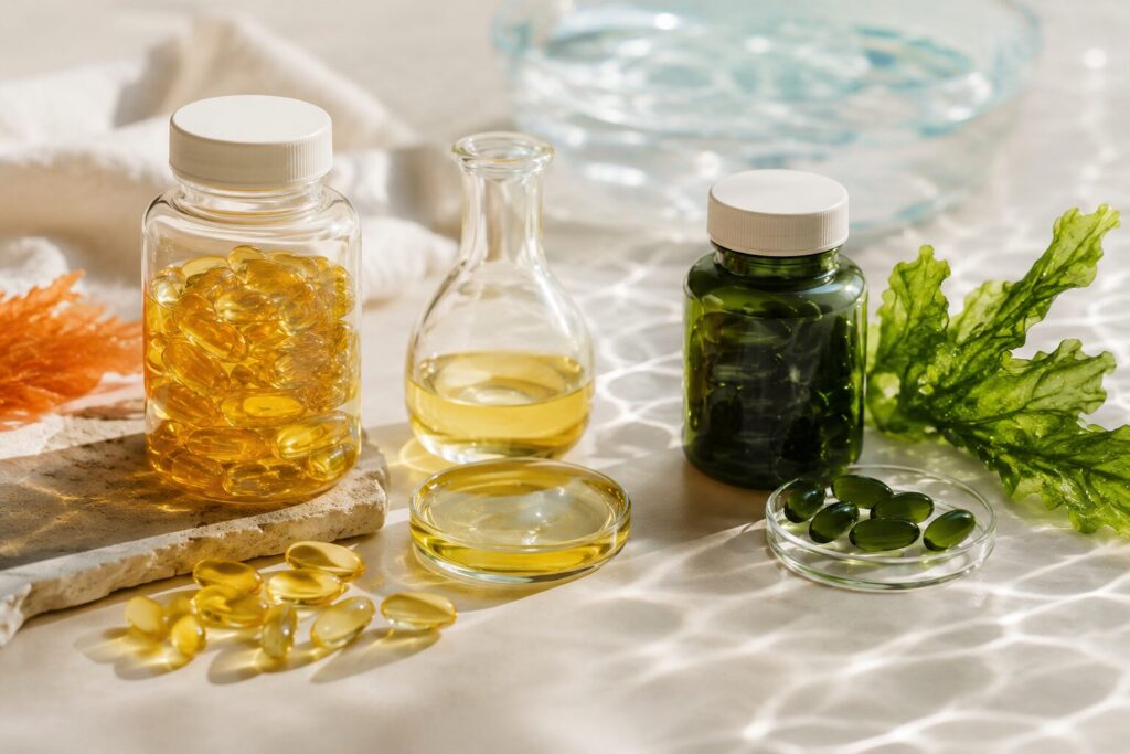 Omega-3 fish oil and algae oil supplement formats