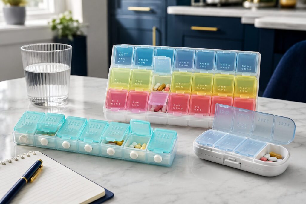Weekly AM and PM pill organisers and a travel pill case on a kitchen worktop