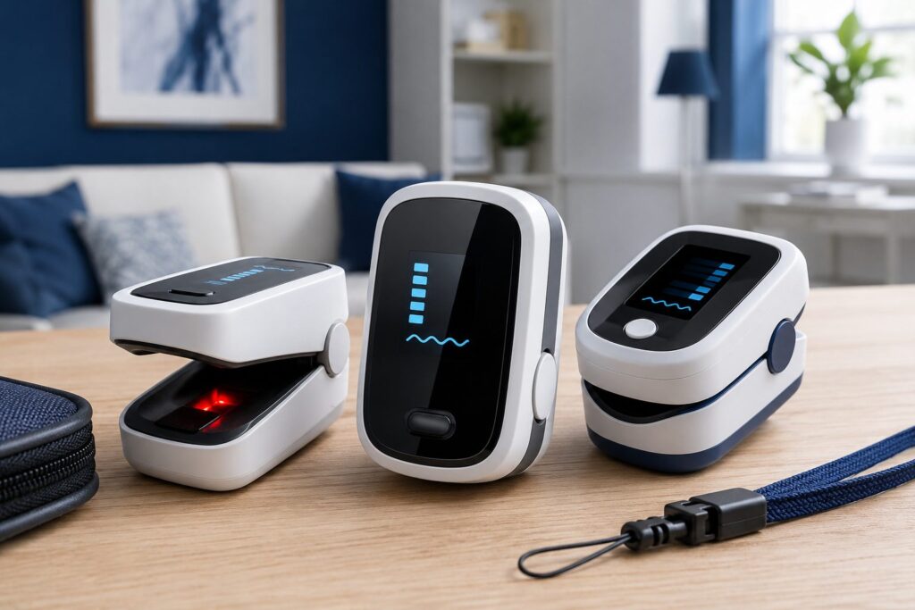 Three fingertip pulse oximeters showing oxygen readings, with lanyard and carry case