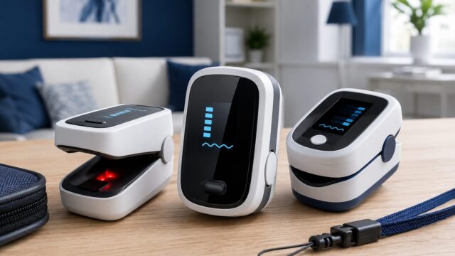 Three fingertip pulse oximeters showing oxygen readings, with lanyard and carry case
