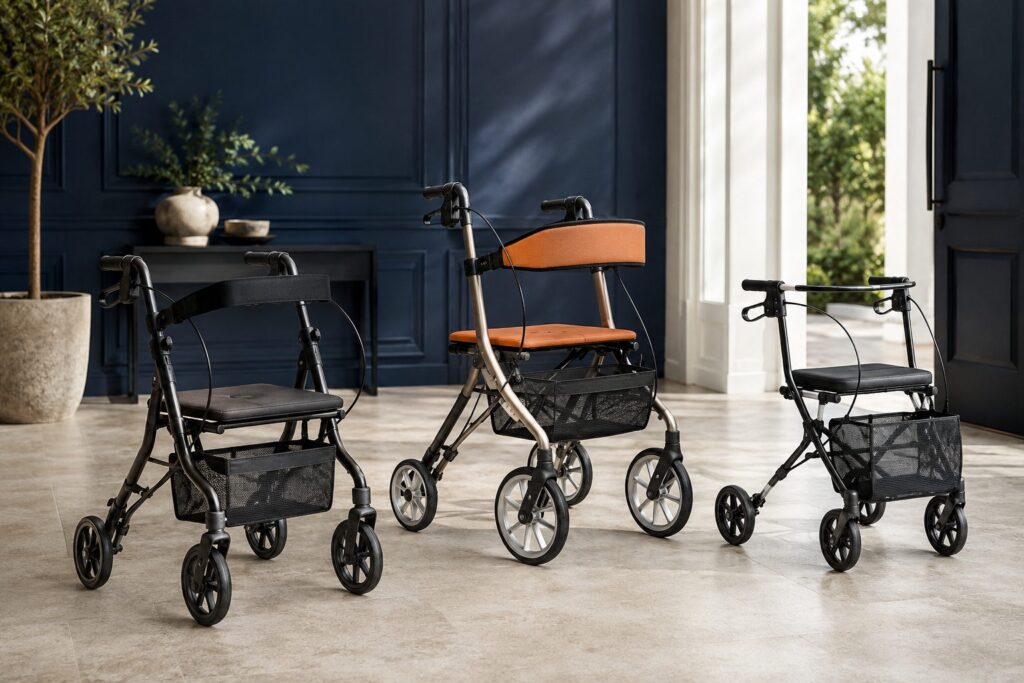 Three four-wheeled rollators with padded seats and under-seat storage baskets