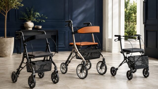 Three four-wheeled rollators with padded seats and under-seat storage baskets