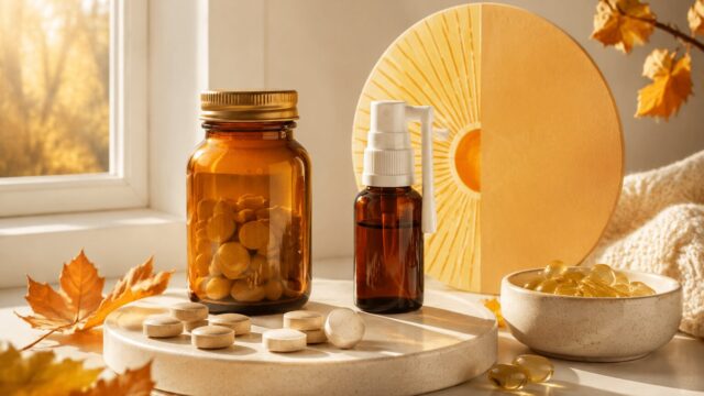 Vitamin D tablets and oral spray in warm autumn sunlight