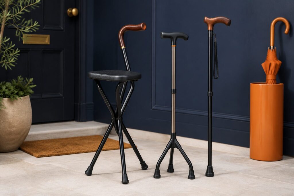 Folding seat stick and adjustable walking sticks with derby handles in a hallway