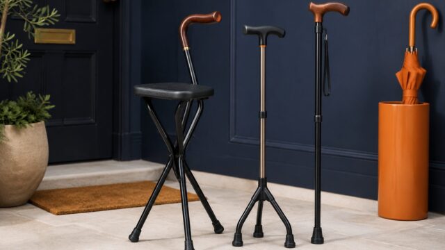Folding seat stick and adjustable walking sticks with derby handles in a hallway