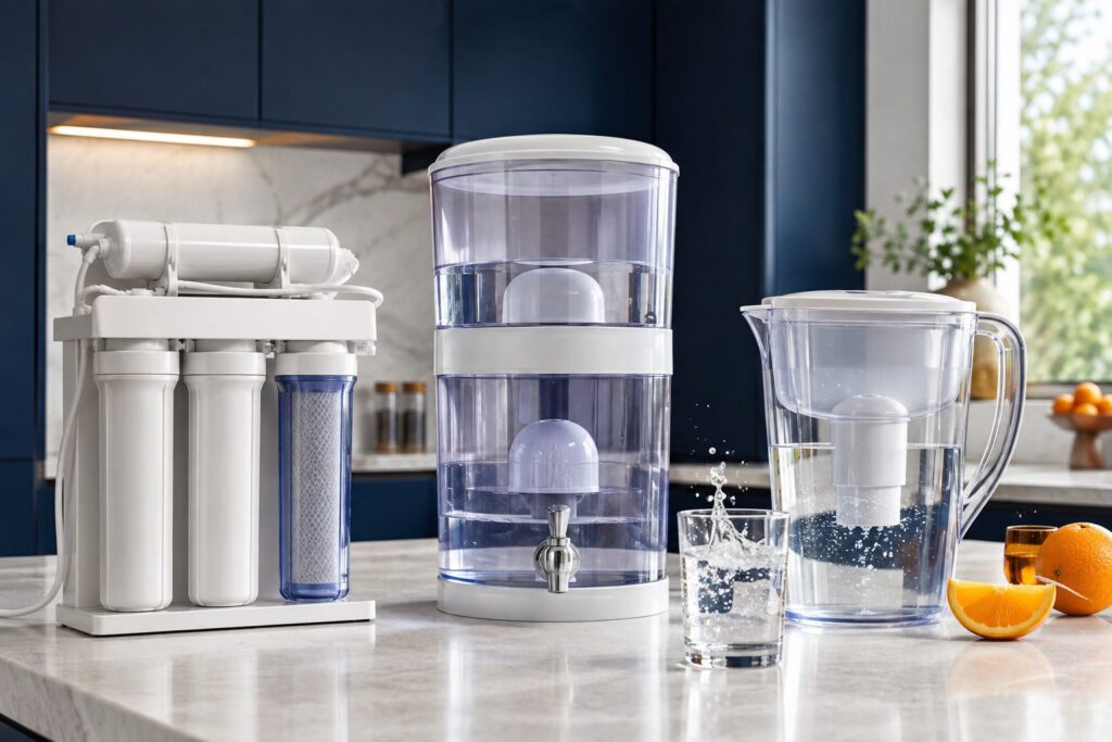 Reverse osmosis system, gravity filter tank and water filter jug on a kitchen worktop