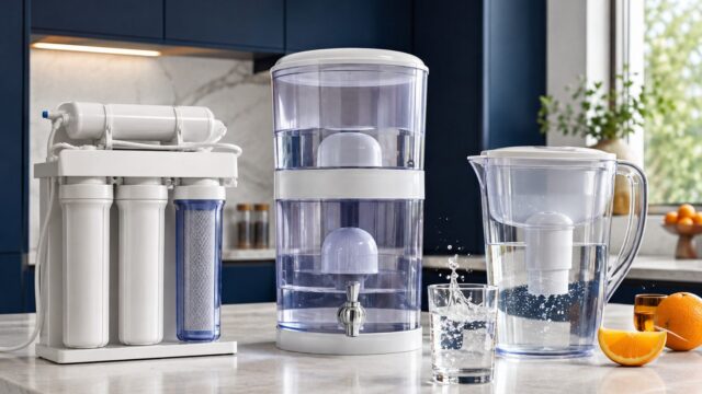 Reverse osmosis system, gravity filter tank and water filter jug on a kitchen worktop