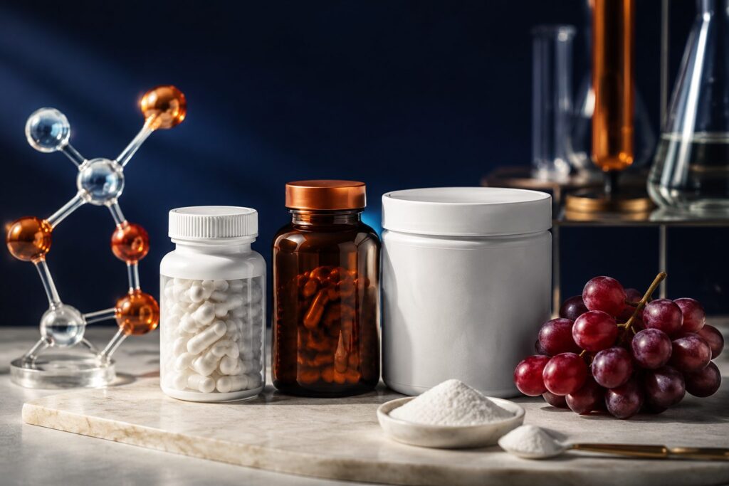 NAD+ capsules, supplement bottles and powder with a molecule model and red grapes