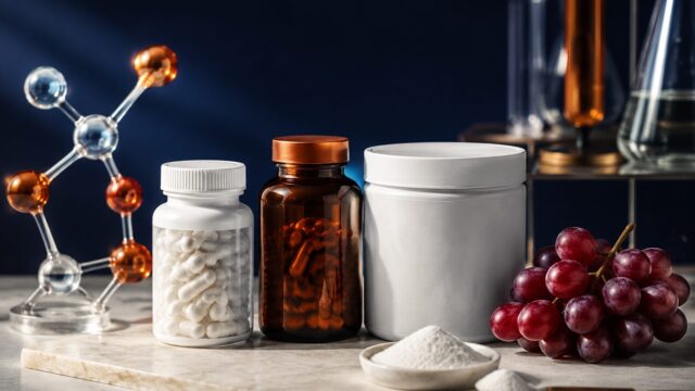 NAD+ capsules, supplement bottles and powder with a molecule model and red grapes